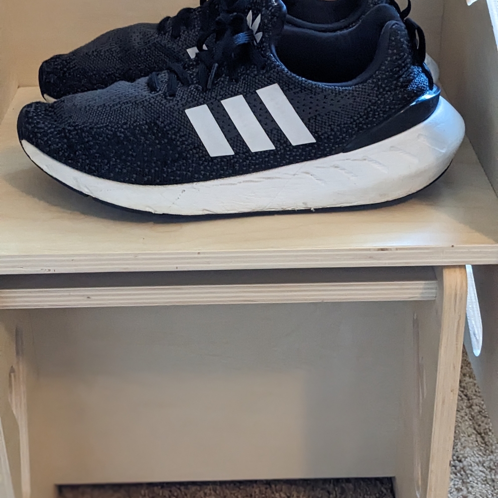 Adidas Black Knit Running Shoes with White Stripes – Men’s Size 9.5.